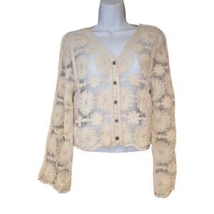 NWT CGYY ivory lace, floral crochet, sheer, bell sleeve, button cardigan sz L